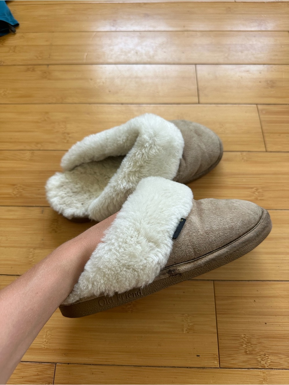 Old Friend Plush-Lined Suede Slippers — Taupe with Cream Shearling
